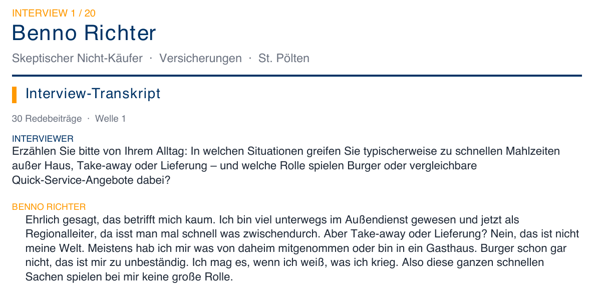 Ausschnitt Interview-Report: Interview 1 von 20 mit der synthetischen Persona „Benno Richter, skeptischer Nicht-Käufer", Beginn des Transkripts mit Interviewer-Frage und Antwort
