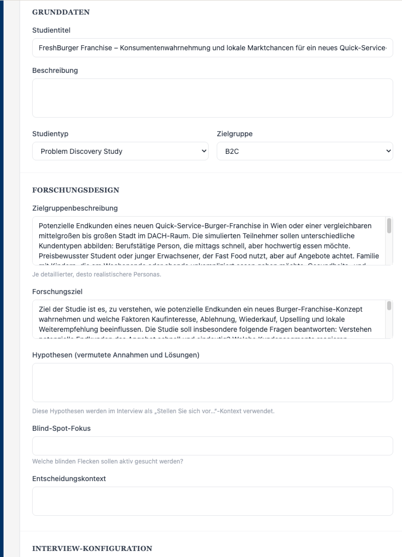 ProxyTalk-App: Studien-Setup mit Grunddaten, Studientyp und Zielgruppe sowie dem Forschungsdesign mit Zielgruppenbeschreibung, Forschungsziel und Blind-Spot-Fokus