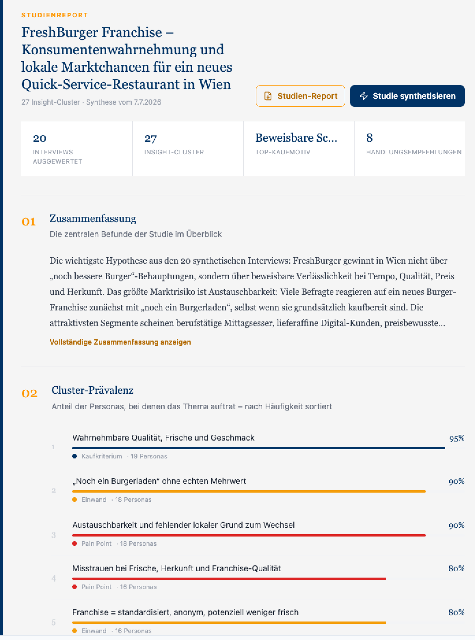 ProxyTalk-App: Studienreport mit Kennzahlen (20 Interviews, 27 Insight-Cluster, 8 Handlungsempfehlungen), Zusammenfassung und Cluster-Prävalenz nach Häufigkeit