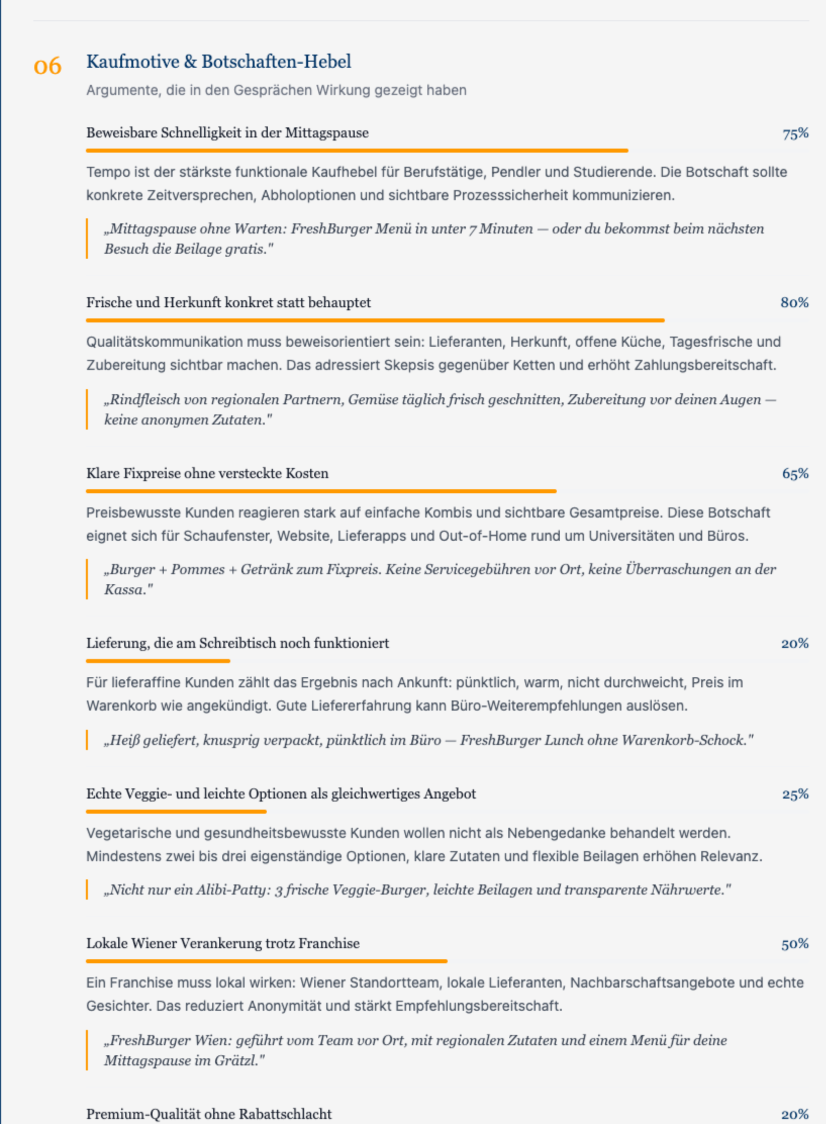 ProxyTalk-App: Report-Abschnitt „Kaufmotive & Botschaften-Hebel" mit Kaufmotiven, Prävalenz-Balken und je einem konkreten Botschaftsvorschlag als Zitat