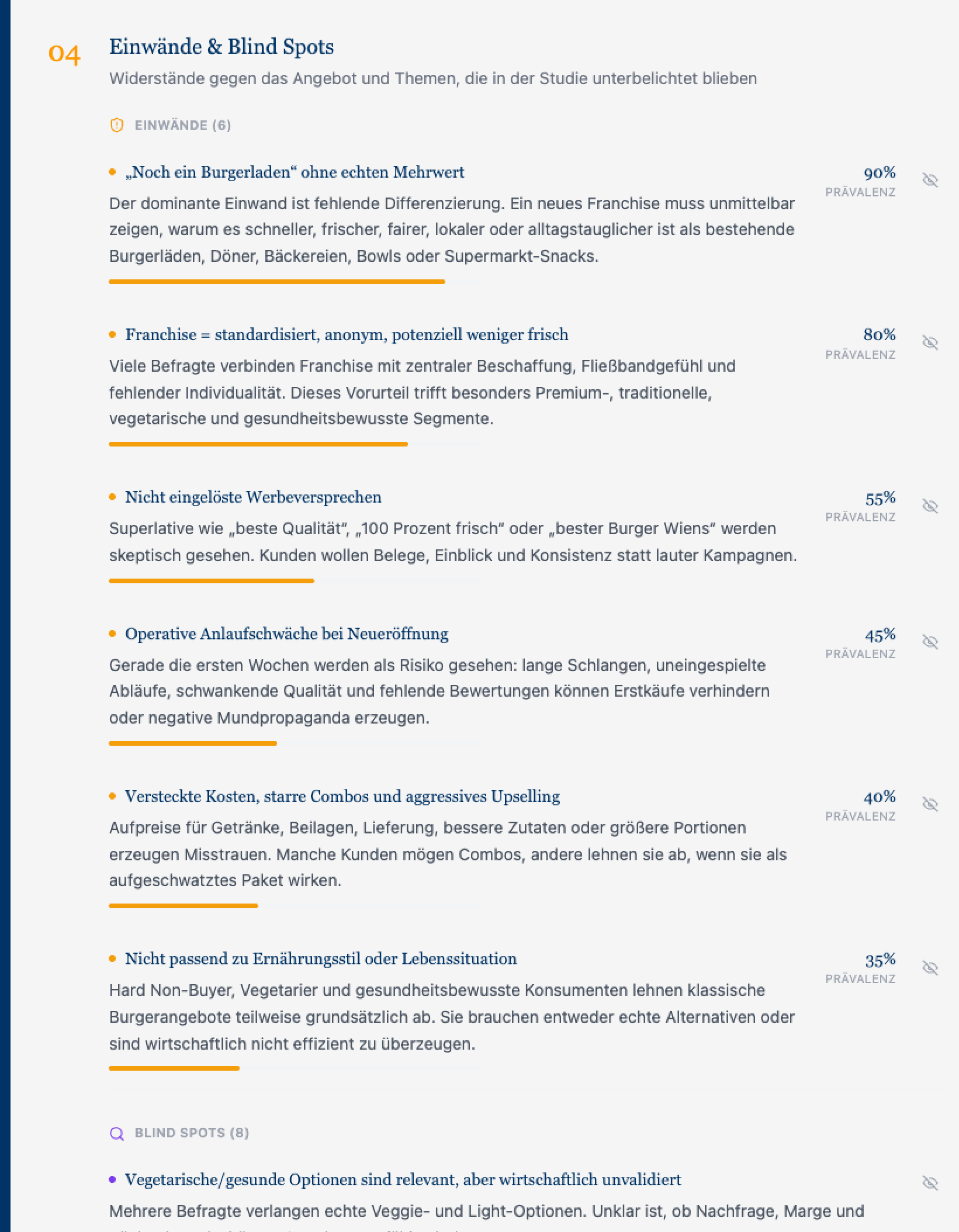 ProxyTalk-App: Report-Abschnitt „Einwände & Blind Spots" mit sechs Einwänden samt Prävalenz in Prozent und darunter der Liste der Blind Spots