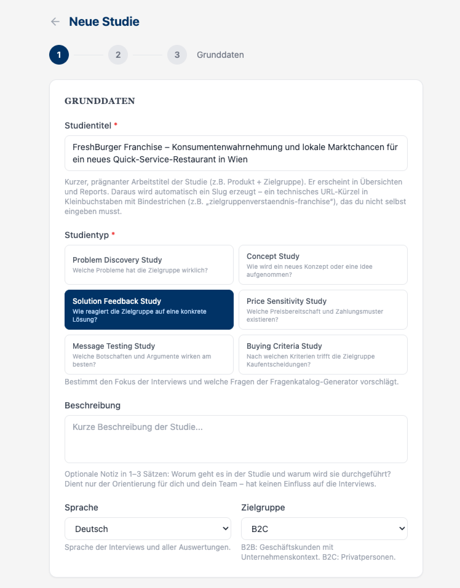 ProxyTalk-App: Studien-Setup mit Studientitel, Studientyp-Auswahl (u. a. Problem Discovery, Price Sensitivity), Sprache und Zielgruppe