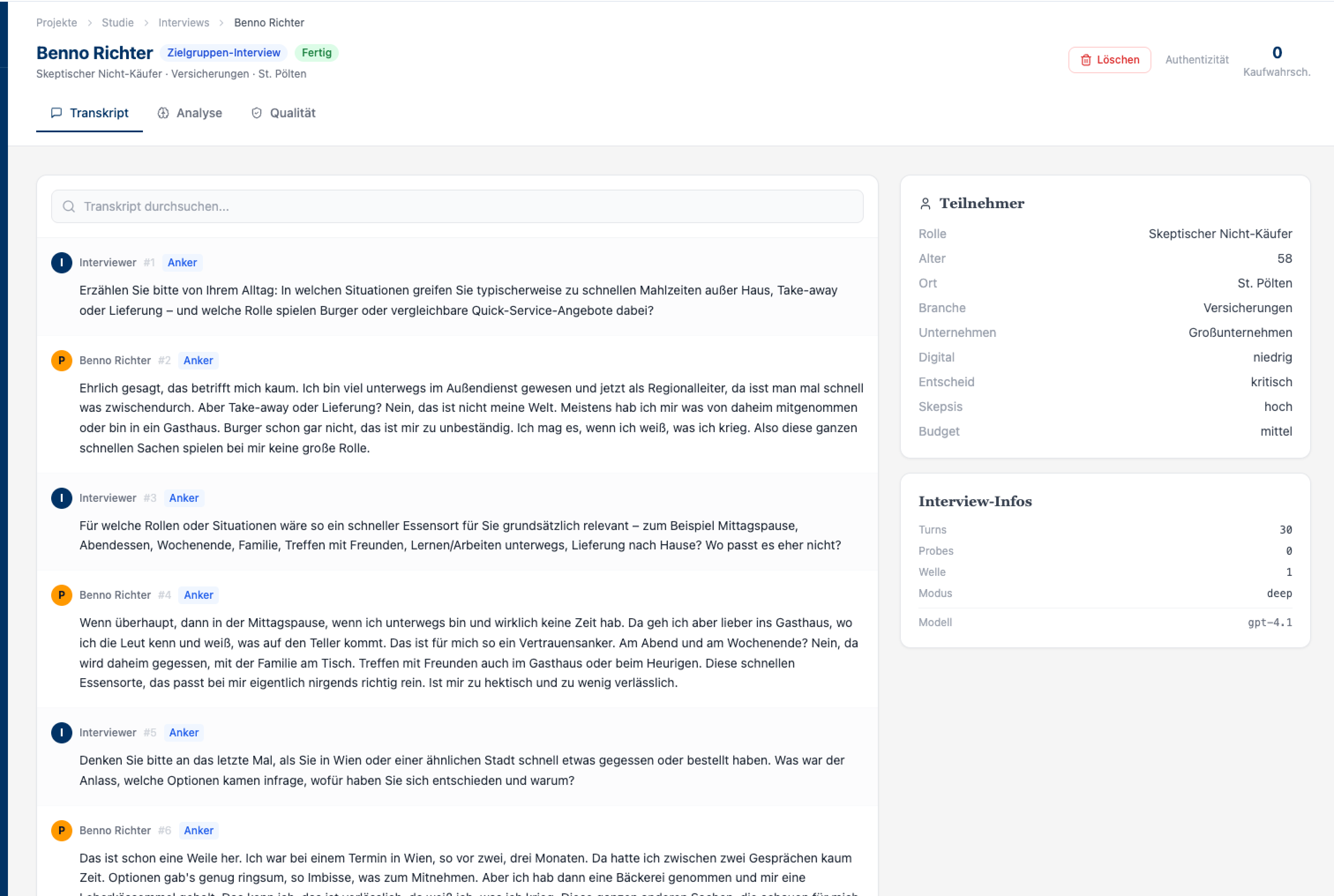 ProxyTalk-App: Interview-Transkript einer synthetischen Persona mit Frage-Antwort-Verlauf, Teilnehmer-Dossier und Interview-Metadaten